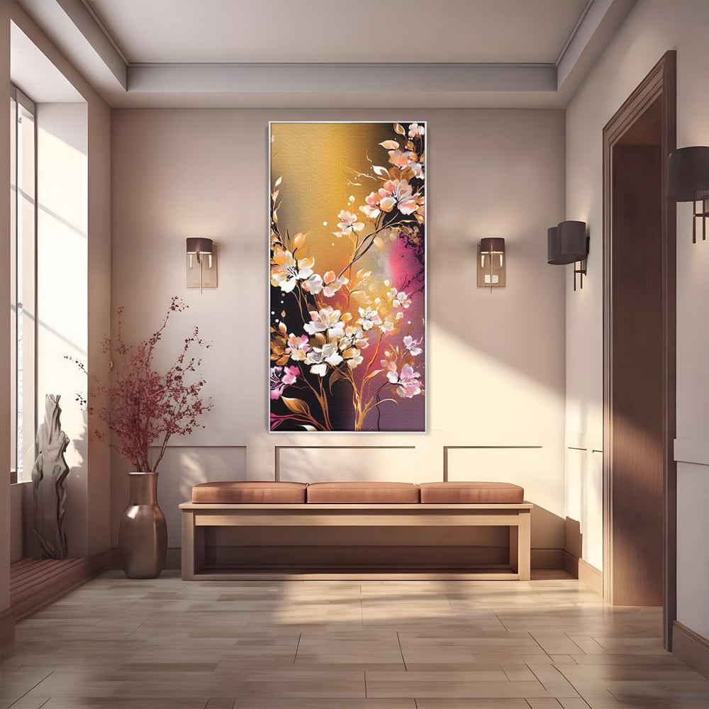 Tablou canvas cu pictura verticala cu ramura inflorita, in rama de aluminiu argintiu